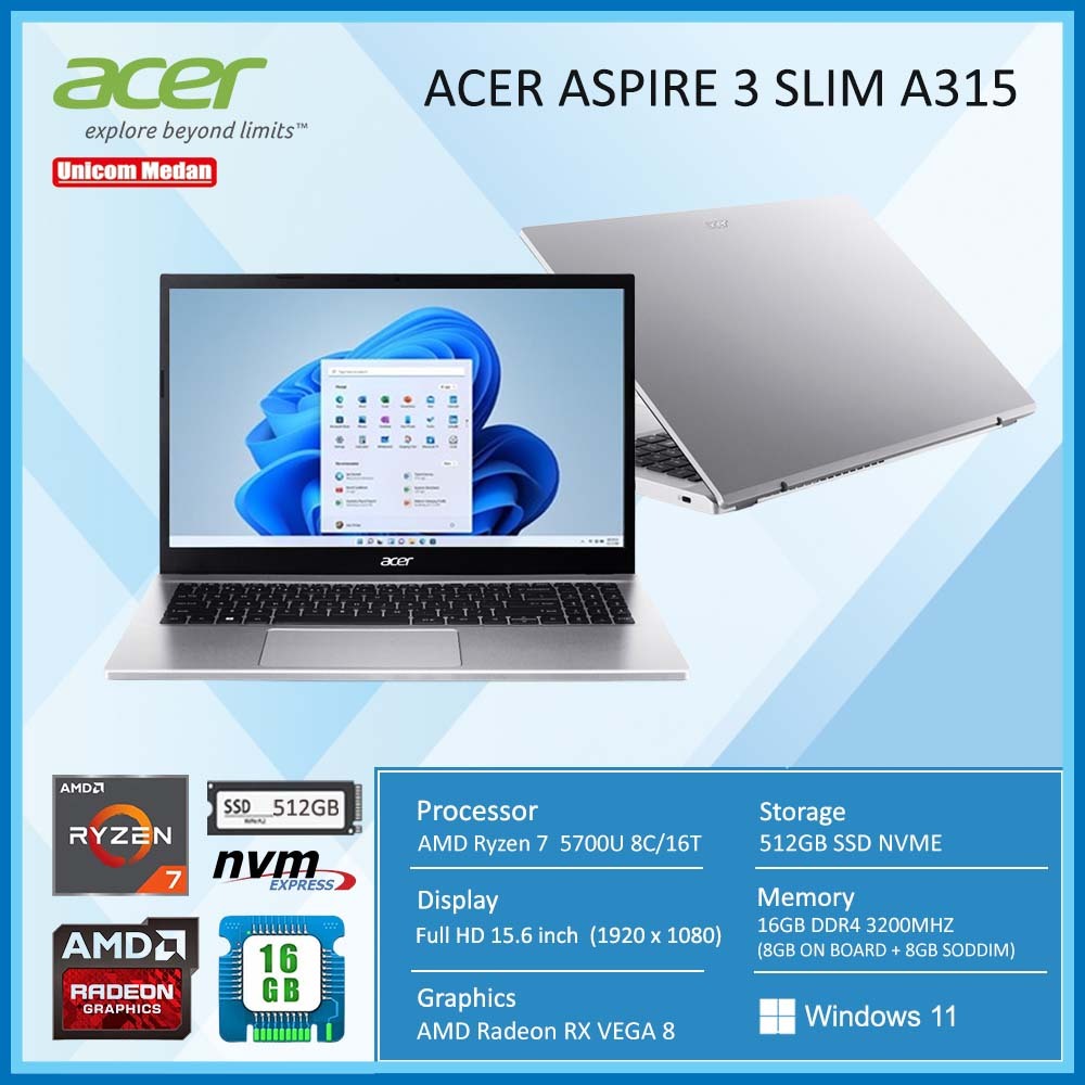 LAPTOP ACER ASPIRE 3 SLIM RYZEN 7 5700 16GB 512GB