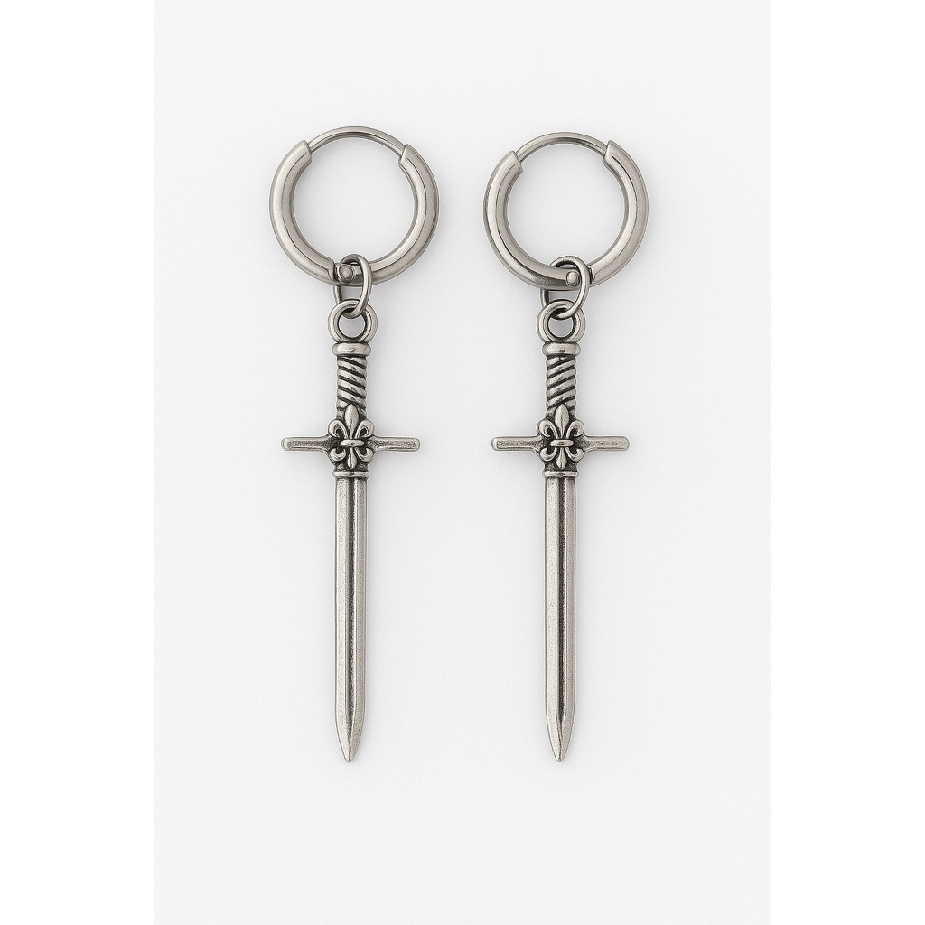 TERMURAH - 1 Pasang Anting Tindik Bulat Pria Liontin Pedang Stainless Steell