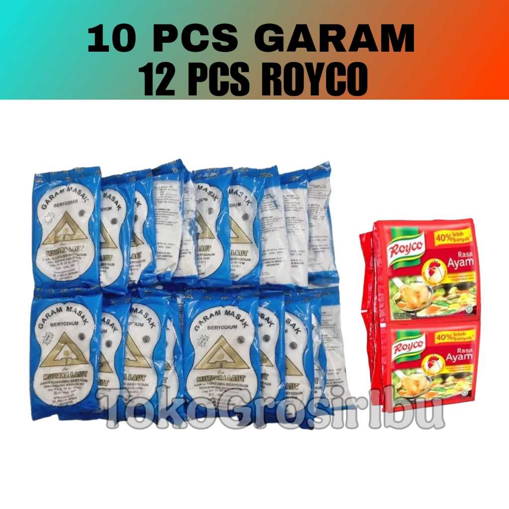 

PAKET HEMAT 10 PCS GARAM 100gr + 12 PCS / 1 LUSIN ROYCORASA SAPI UKURAN 8GR PENYEDAP RASA Masakan Instan Ayam