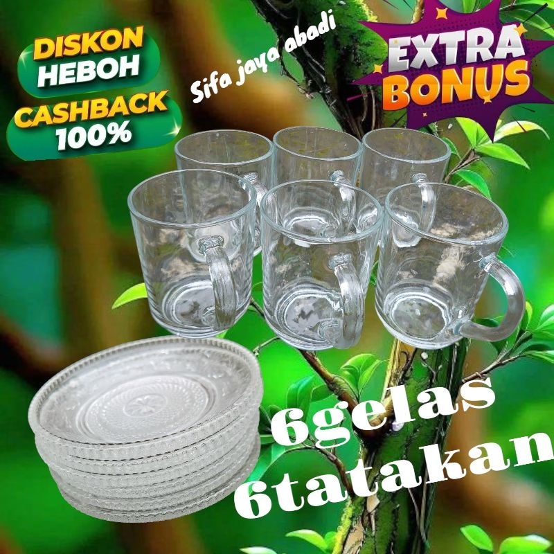 PAKET HEMAT12PCS CANGKIR KOPI DAN TATAKANNYA/6PCS GELAS DAN 6TATAKAN/GELAS KOPI BAHAN KACA BENING EL