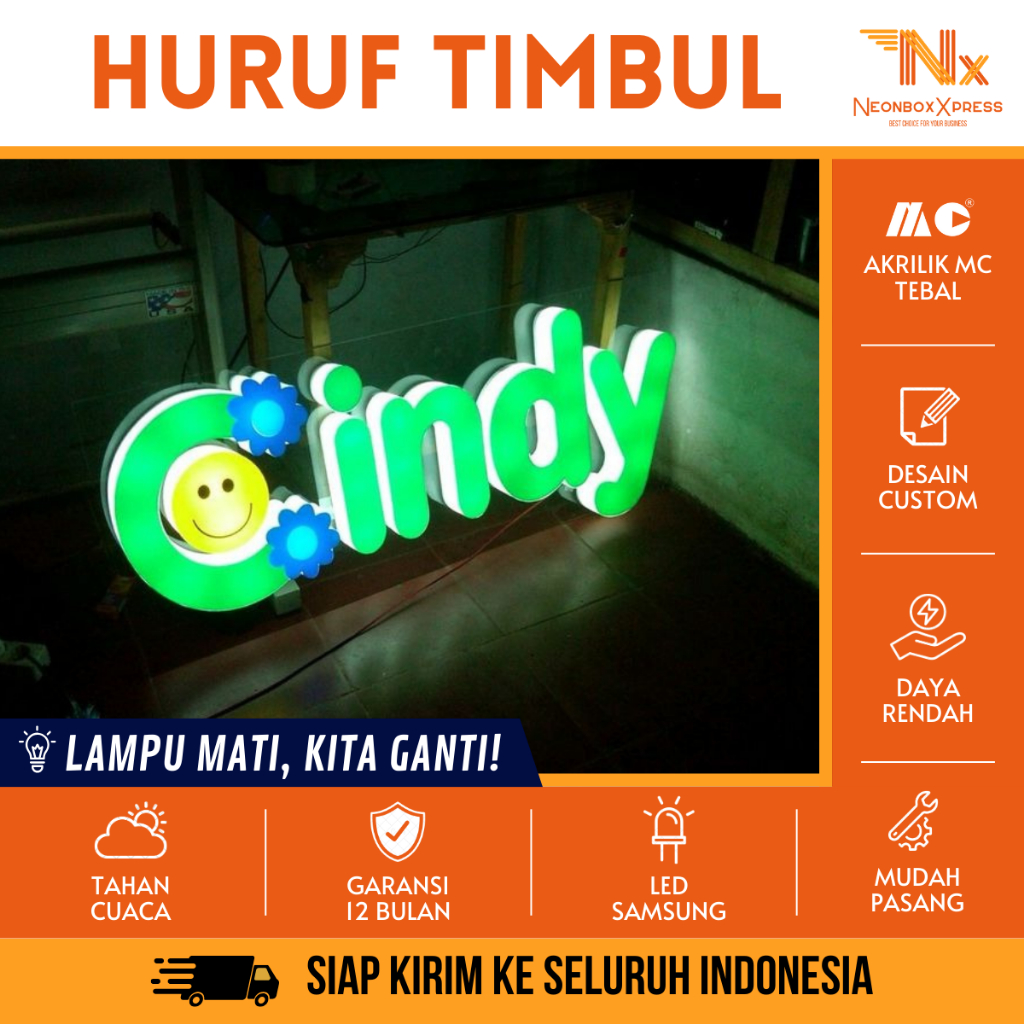 Huruf Timbul Nyala LED Bahan Akrilik Stainless Plat Besi Huruf Timbul Dinding Untuk Indoor/Outdoor
