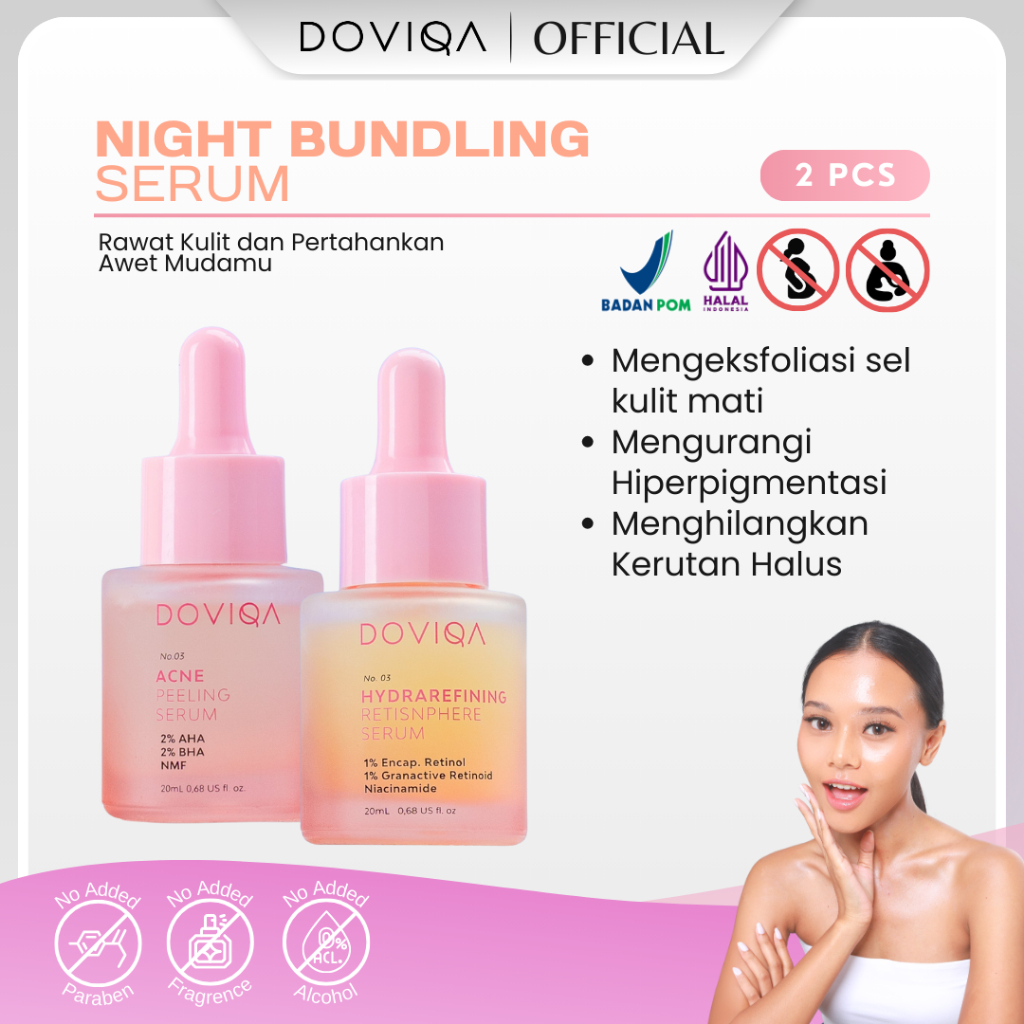 DOVIQA - Glowing Night Serum Package【2PCS】|Serum Eksfoliasi + Retinol Serum|Mencerahkan & Detox Kuli