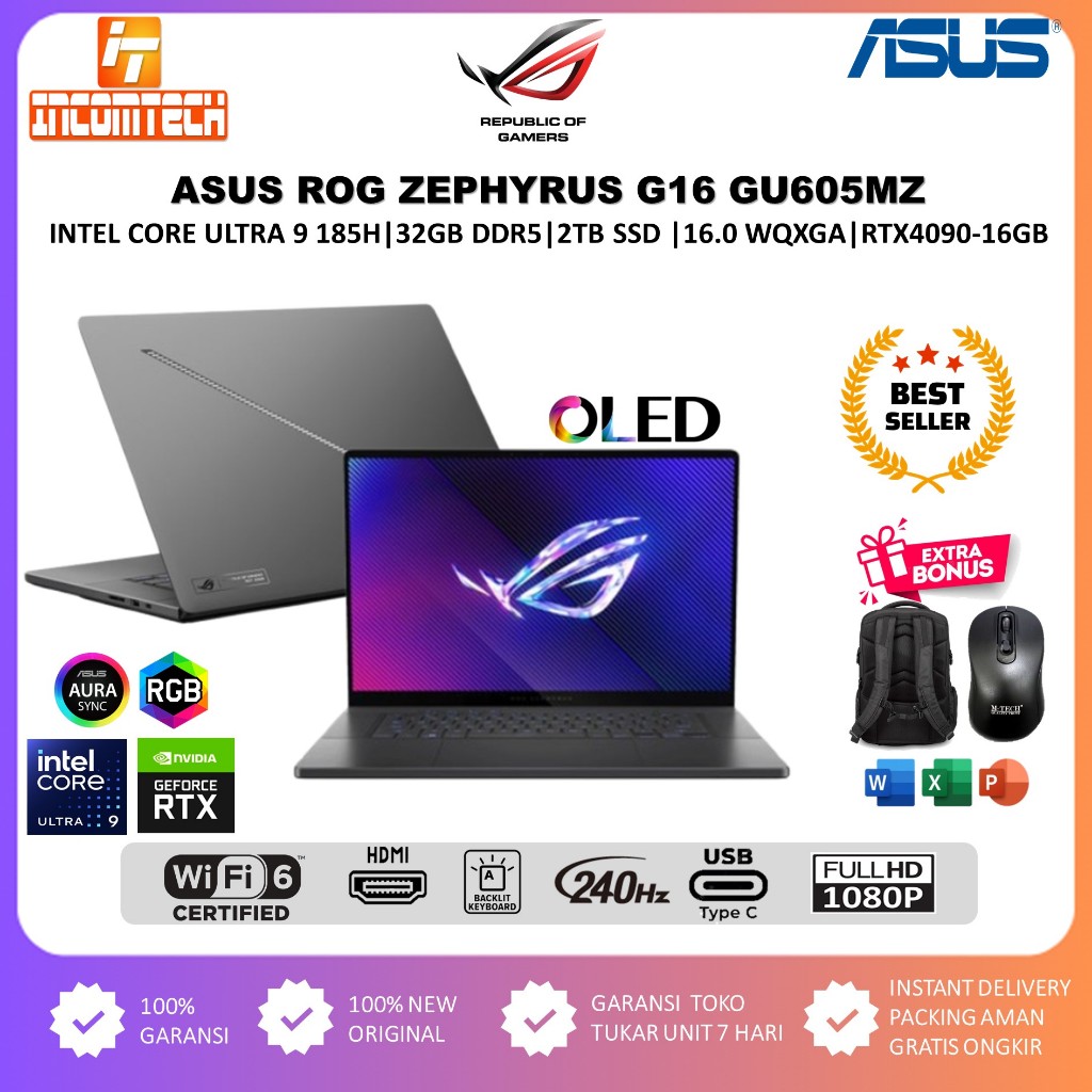 Laptop Gaming Asus Rog Zephirus G16 Intel Core Ultra 9 185H RTX4090-16GB 32GB DDR5 2TB16.0 WQXGA OLE