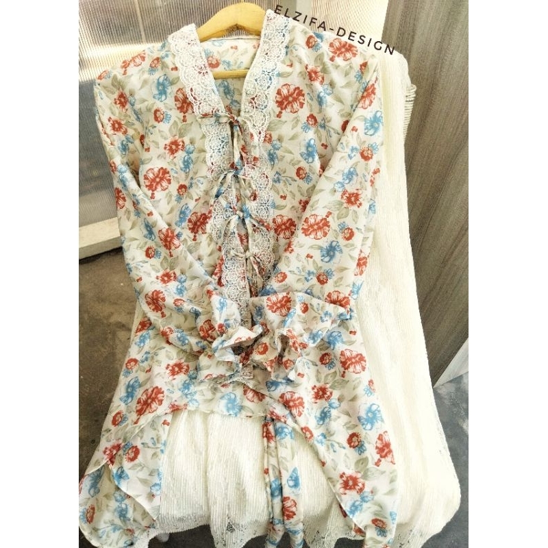 Jema One Set Wanita Melayu Motif Bunga Outer Cantik Rok Plisket