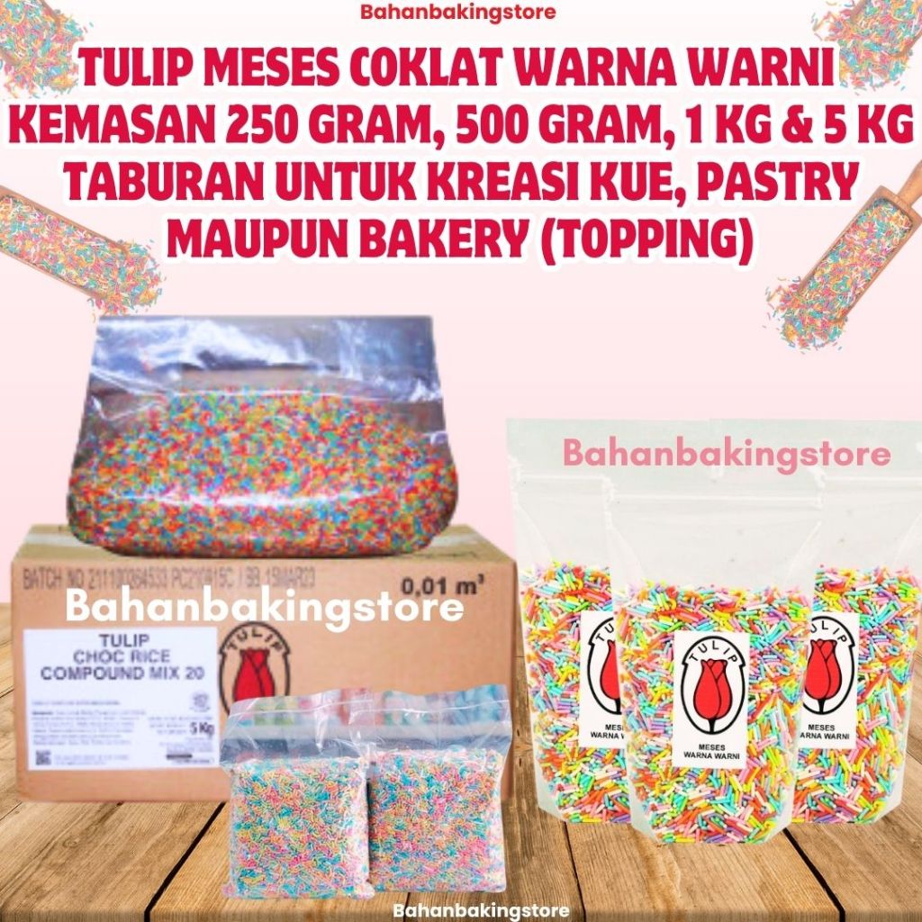 

TULIP MESES COKLAT WARNA WARNI KEMASAN 250 GRAM, 500 GRAM, 1 KG & 5 KG | TULIP CHOCO RICE COMPOUND MIX 20 | MESIS TULIP RAINBOW