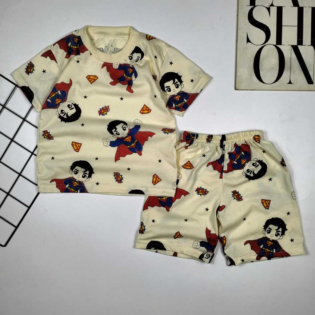 Stelan Baju Anak/Kaos Anak Laki Dan Perempuan/Baju Kaos Stelan/Superman Mjr Krem Lengan Pendek