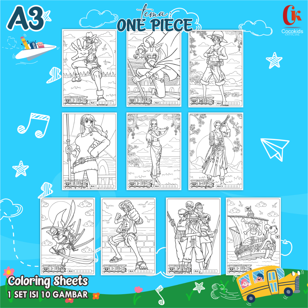 

(ONE PIECE 01) KERTAS MEWARNAI ANAK A3 - COLORING SHEETS SERIES 1 - LEMBAR MEWARNAI ANAK PAUD/TK/SD