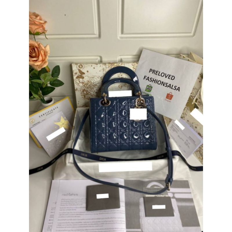 Preloved Medium Lady Dior Ocean Deep Blue Patent Cannage Lambskin