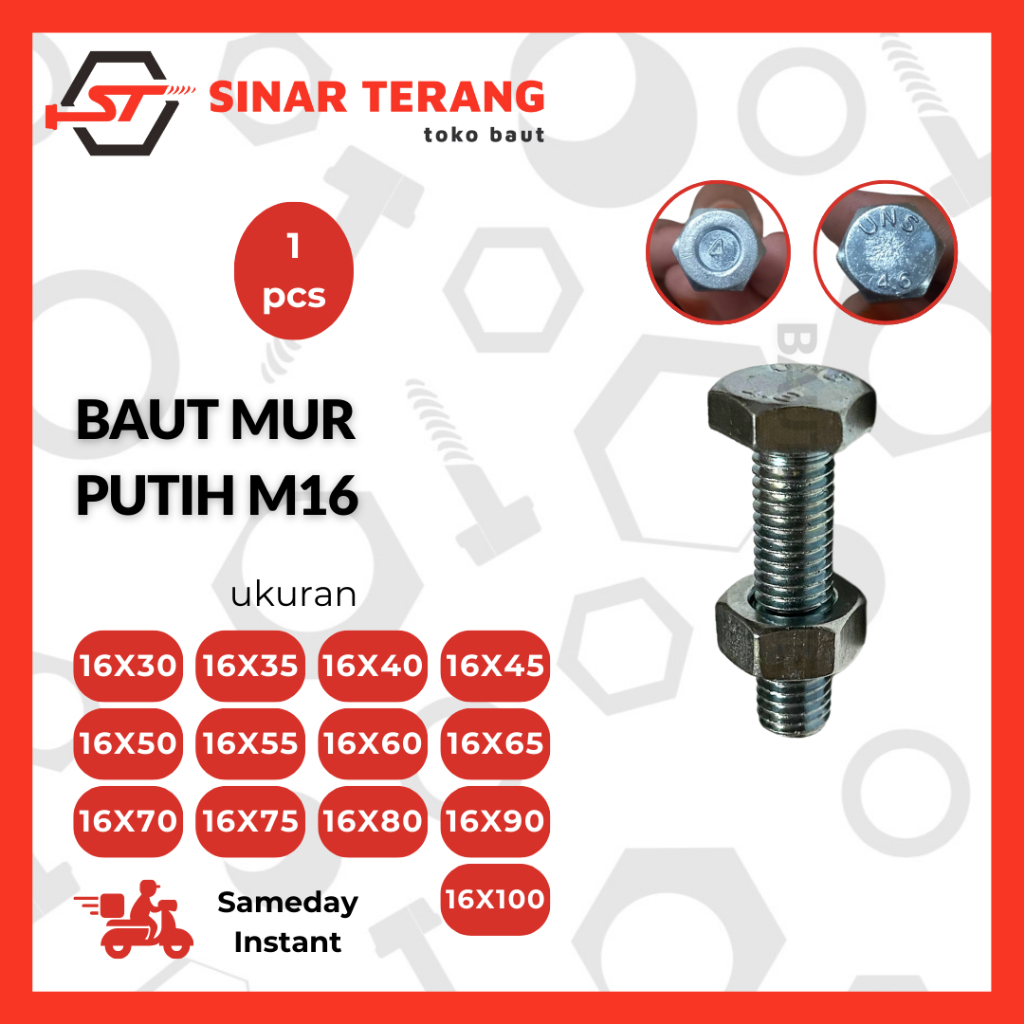 Baut Dan Mur Besi Putih M16 30MM - 100MM - Baut Putih Kunci 24 - Baut Galvanis - Bolt Nut White - Ba