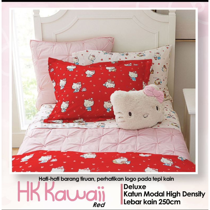 Sprei Motif katun Lokal Premium / Sprei Motif HK kawaii Motif Hello Kitty warna merah Motif Hello Ki