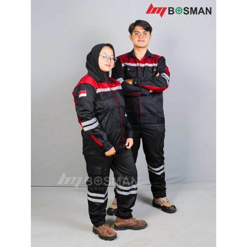 Wearpack Safety Atasan Hitam Maroon Lengan Panjang Full Kancing