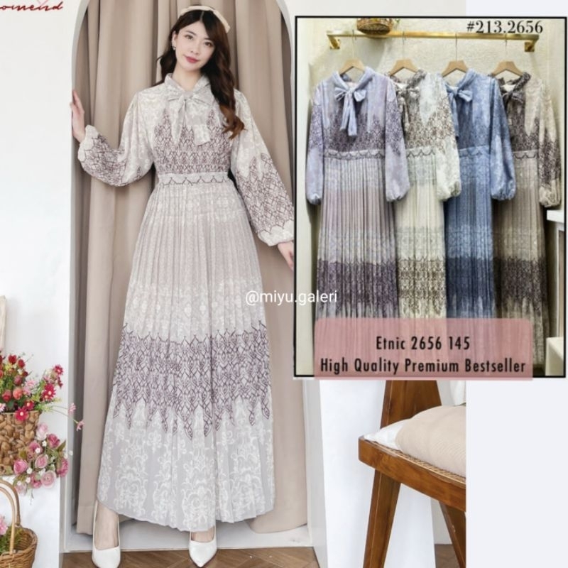 Korean Dress Gamis Plisket Pita Leher motif etnik batik ceruty premium