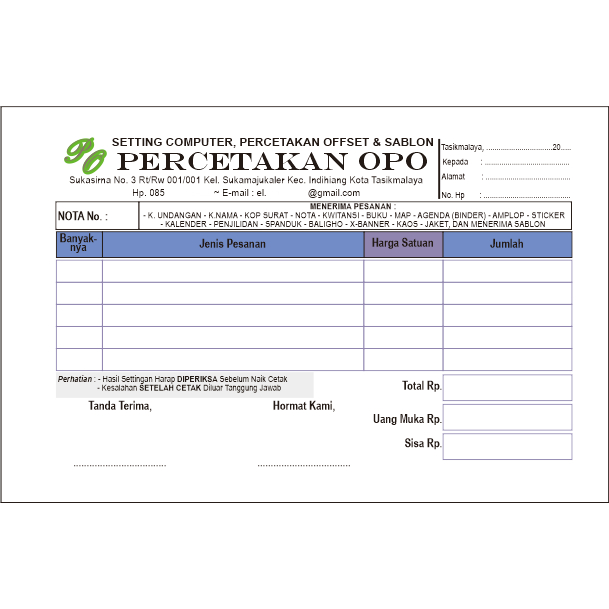 

Nota Costume Ukuran A6 1 Ply Gratis Desain