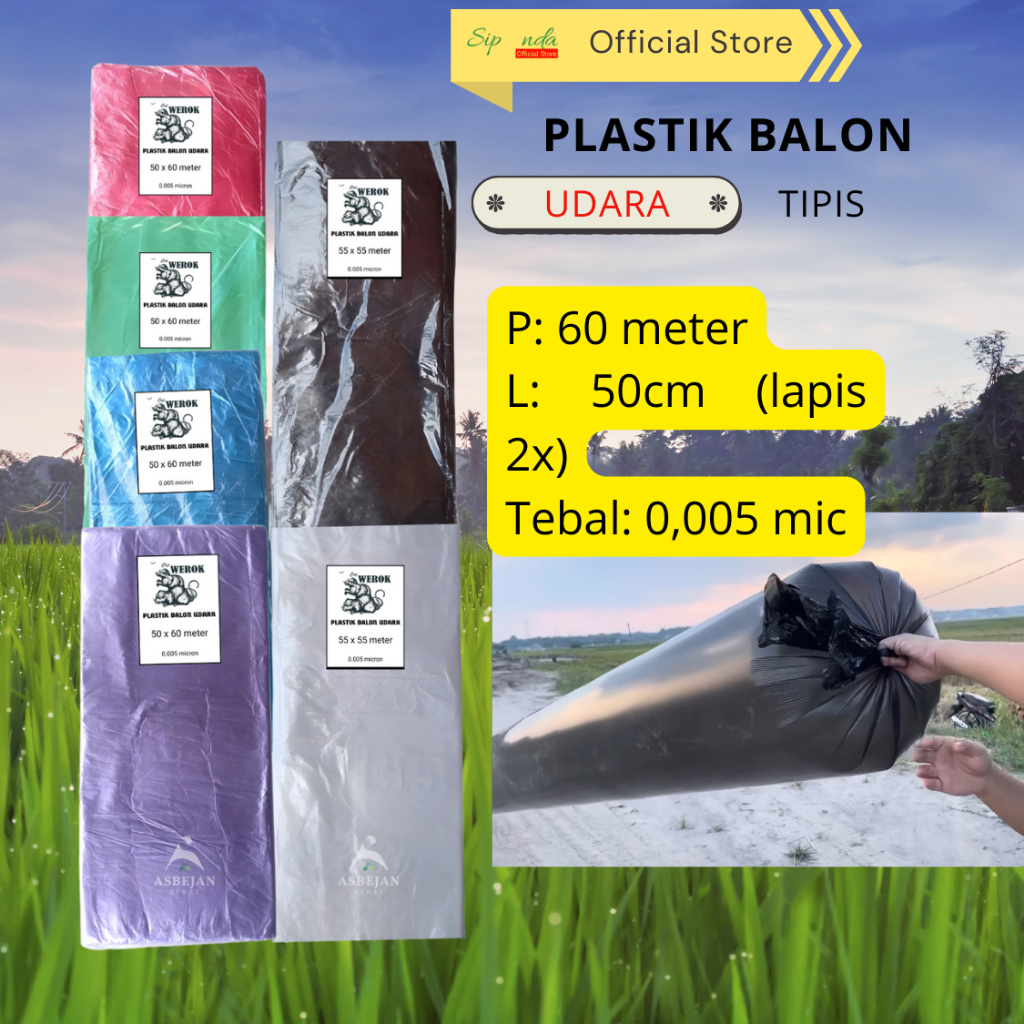 Plastik Balon Udara Tipis Warna Merah Hijau Biru Ungu Hitam Putih Panjang 50x60 Meter