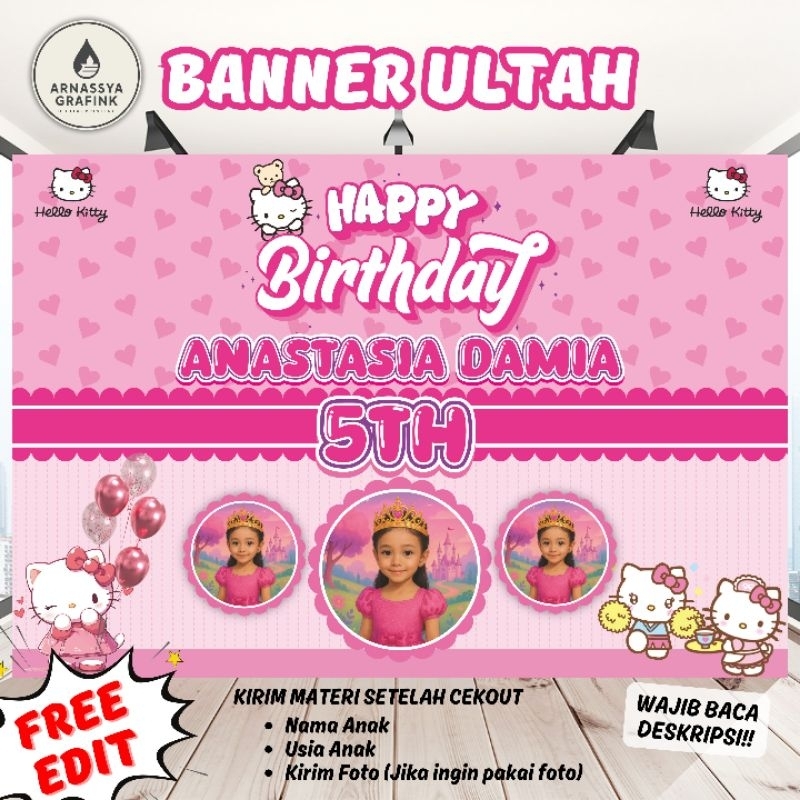 BANNER/BACKDROP/SPANDUK ULANG TAHUN HELLO KITTY