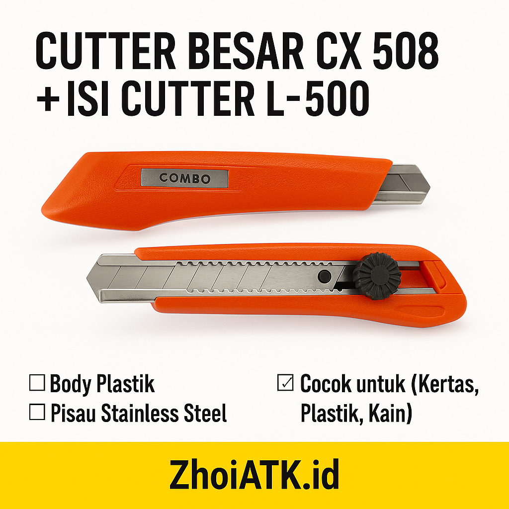 

CUTTER BESAR CX 508 + ISI CUTTER L-500 | PISAU / KATER PEMOTONG KERTAS & STIKER, & KANTOR