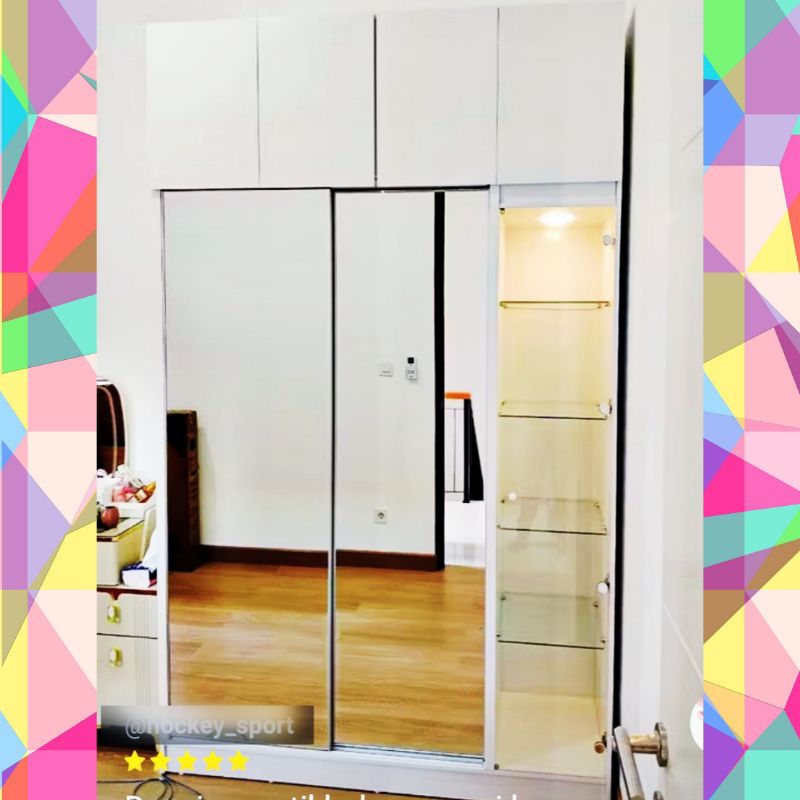 Lemari pakaian sliding 2 pintu + showcase rak tas display kaca. lemari baju sleding cermin minimalis