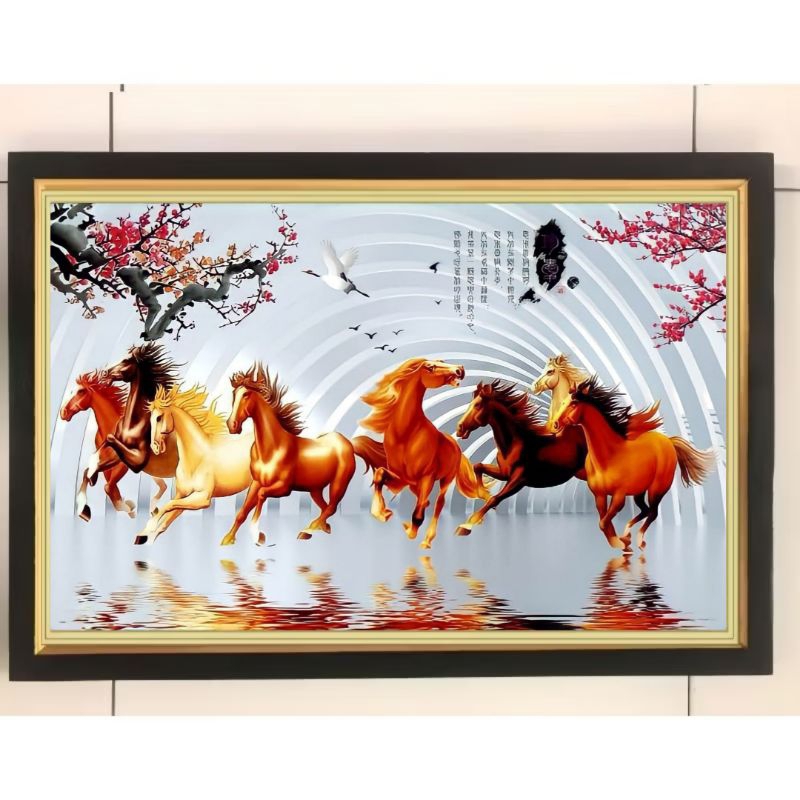 Hiasan dinding lukisan cetak kuda 8 berlari plus Bingkai ukuran 65cm×45cm
