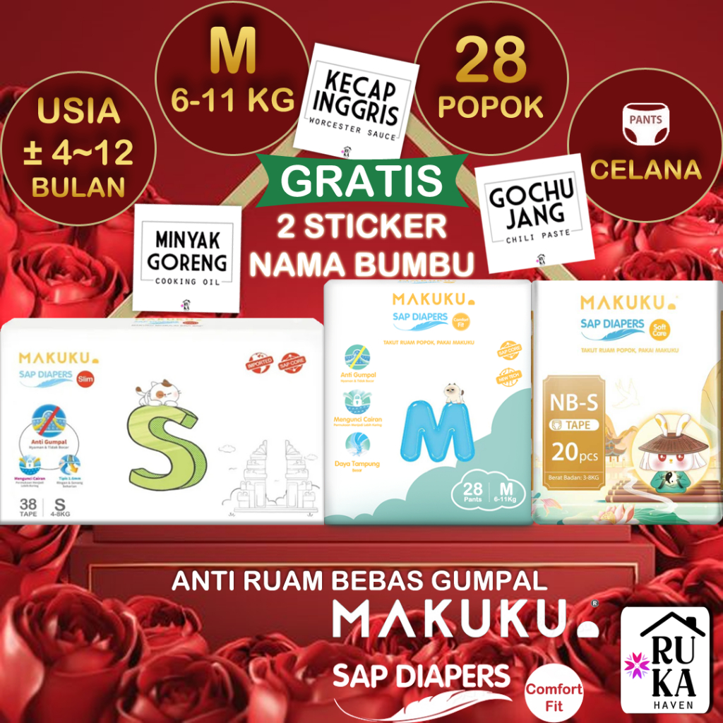 ❇️𝙍𝙪𝙠𝙖 𝙃𝙖𝙫𝙚𝙣 Makuku Comfort Fit M28 Pants | Slim S38 | Soft Care NB-S20 Tape Isi 26 Popok S M Ukuran