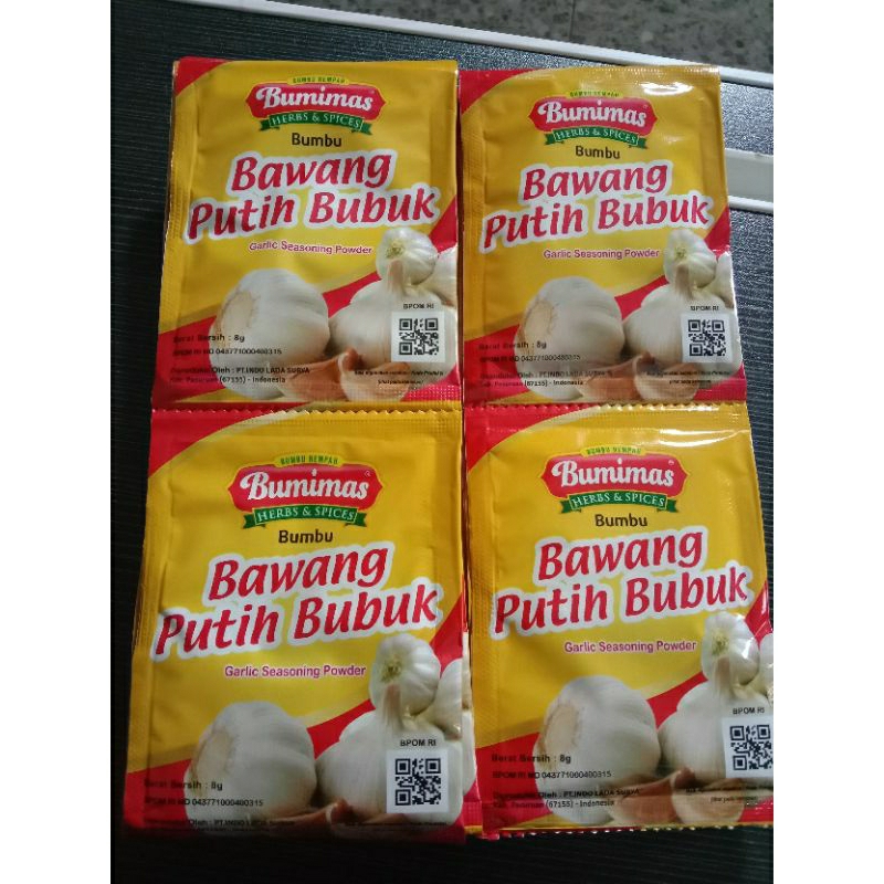 

Bawang Putih Bubuk Bumimas 8gram 1 renceng isi 12 pcs