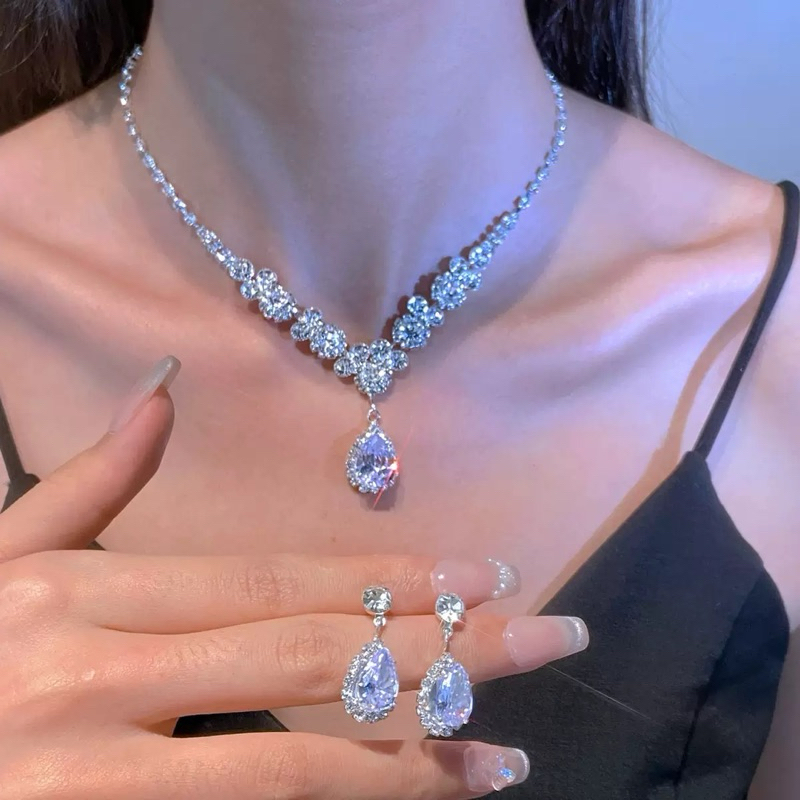 Glam Kalung Pernikahan Set Kalung dan Anting - Kalung Zirkon Berkualitas Tinggi - Anting Drop Cantik
