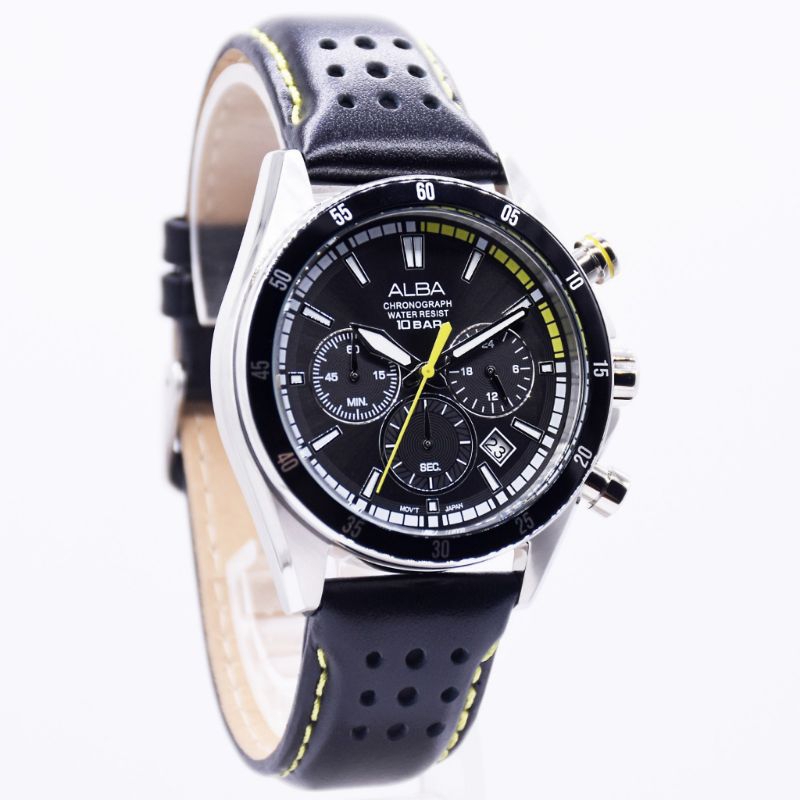 Jam Tangan Pria ALBA AT3J33X1 at3j33 Chronograph Black Yellow Dial Original