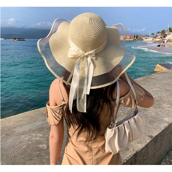 Topi Pantai Wanita Dewasa Pinggiran Lebar / Topi Jerami Pita Love / Premium Import / Korean Style