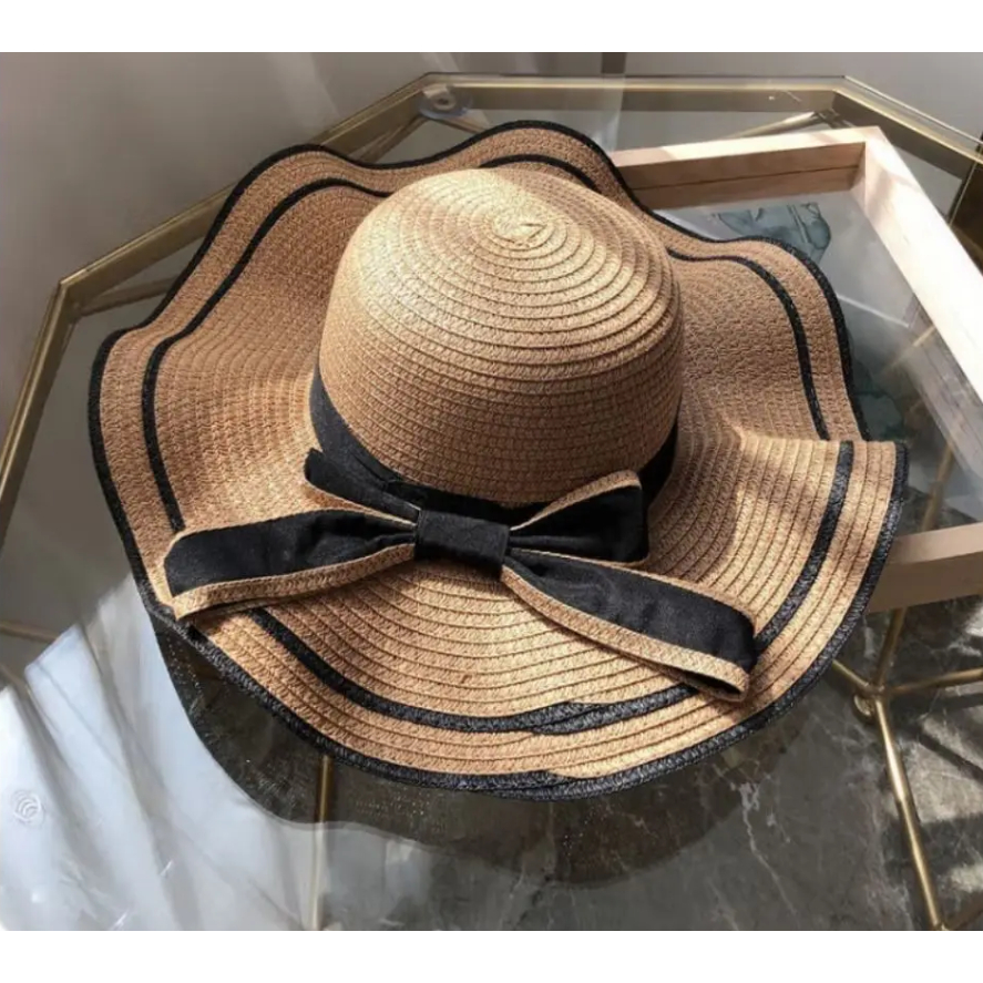 Topi Pantai Wanita Pinggiran Lebar / Topi Jerami Pita Tebal / Premium Import / AntiUV / Korean Style