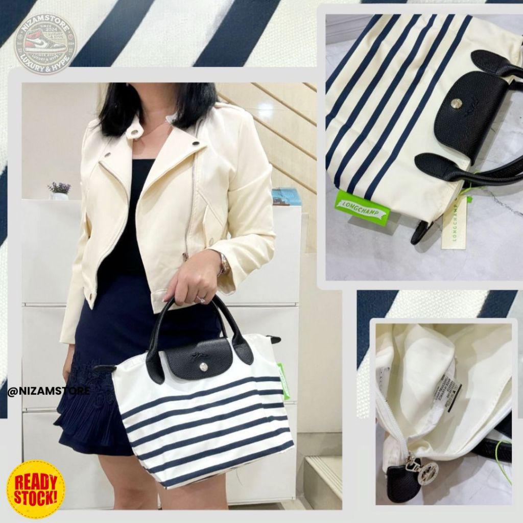 Tas Jinjing Wanita Motif Salur Ukuran Kecil – Handbag Casual Fashion Tali Hitam Tutup Kancing Magnet