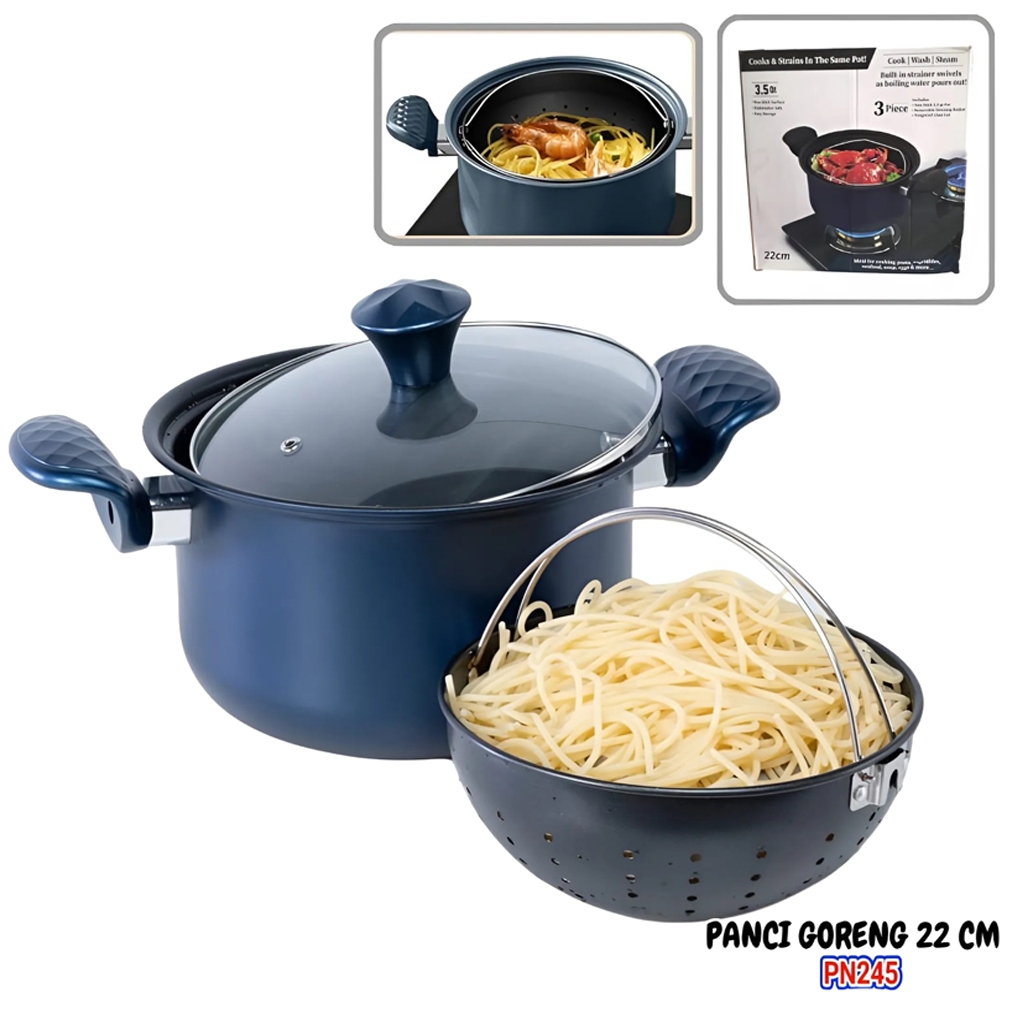 PANCI GORENG 22CM PN245/Panci Goreng Tirisan Kukus Steamer Teflon 2 Susun / Teflon Zuko Kukus