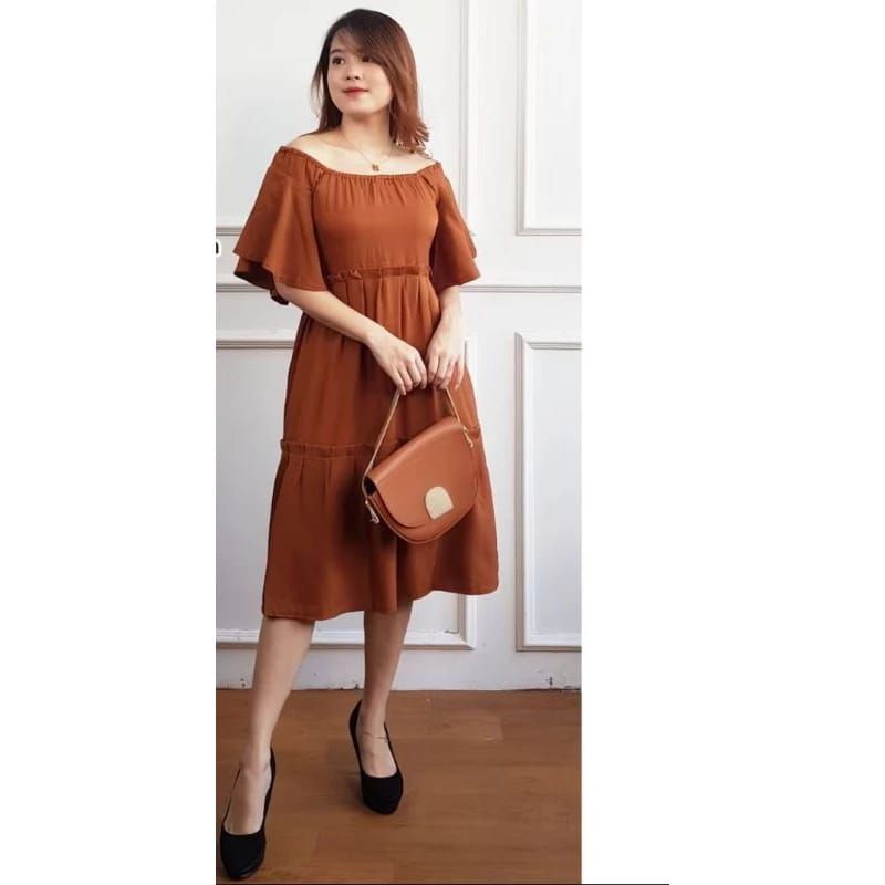 Dress Ruffle Sabrina Wanita Pesta Party Kondangan Midi Lengan Pendek 3741