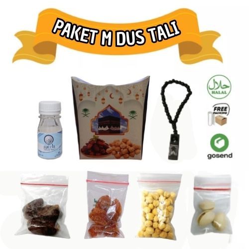 

Oleh Oleh Haji/Umroh Paket M Dus Tali, Botol+Air zam zam, Kurma, Kacang, Kismis, Tasbih, Pistasio