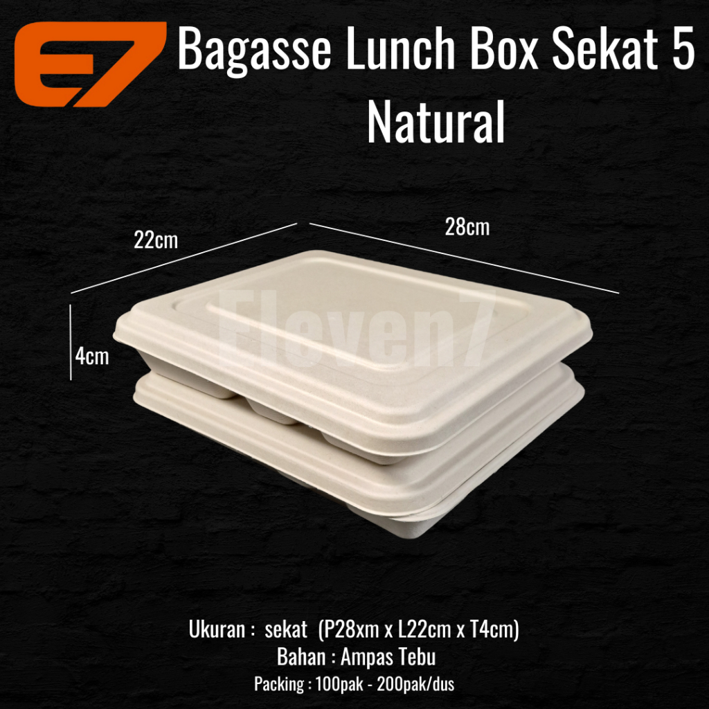 Bagasse Bento Box Sekat 5 Natural - Kotak Bento, Bagasse Lunch Box (100pcs)