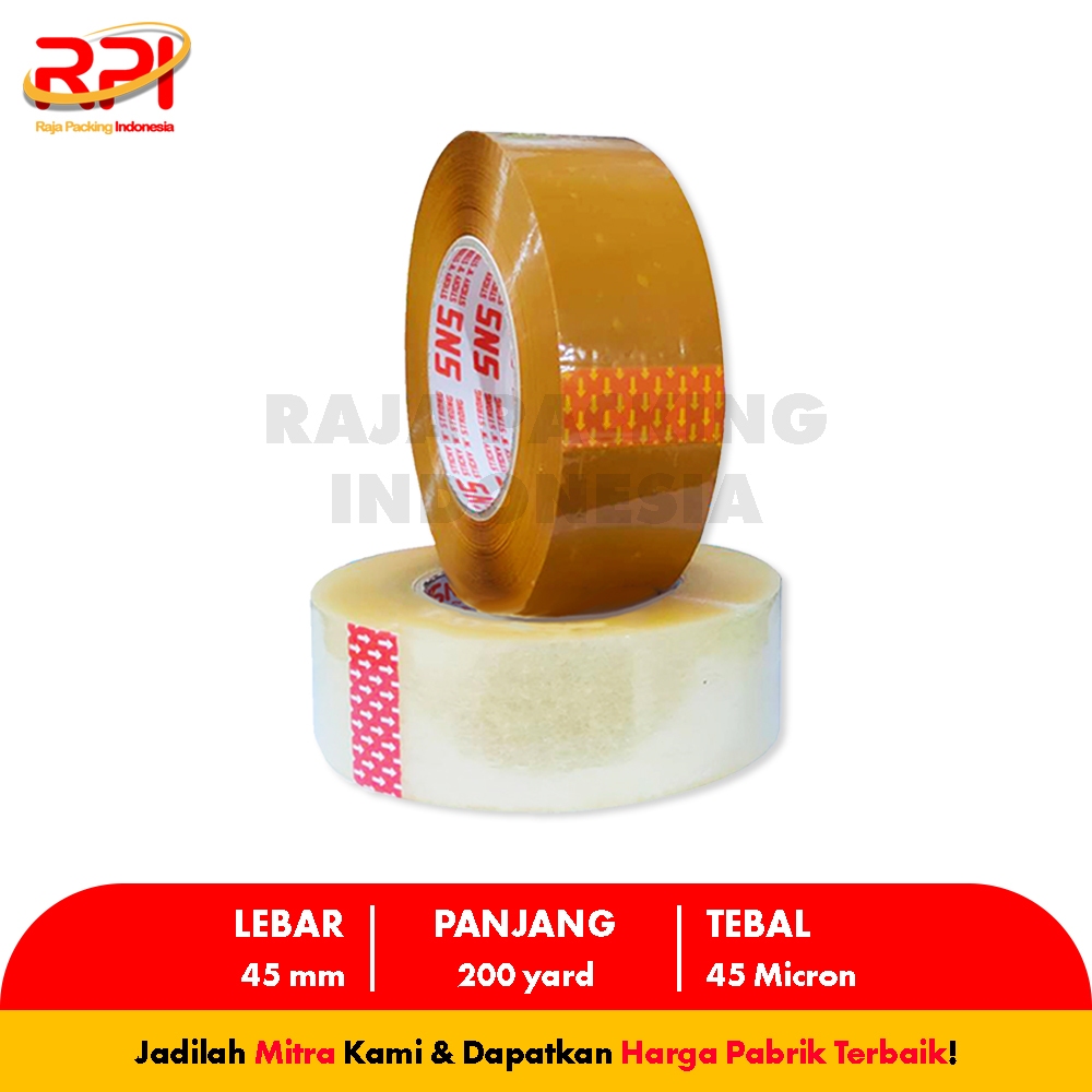 

Lakban Bening / Coklat 200 Yard x 45 Mm x 45 Mic Sticky N Strong (SNS) RAJA PACKING INDONESIA
