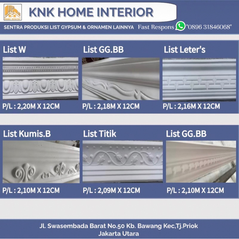List Gypsum 12cm / Lis Gypsum Motif Kembang & Daun / List Minimalis / List Plafon Gypsum / List Dind