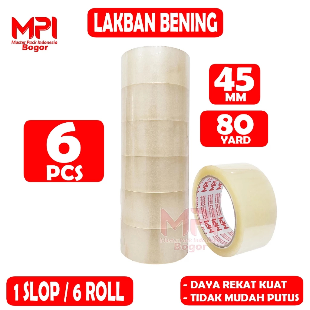 

6 Pcs Lakban Bening Ukuran Panjang 45 mm x P 80 Yard Kualitas Bagus Dan Tidak Mudah Putus Merek MPI