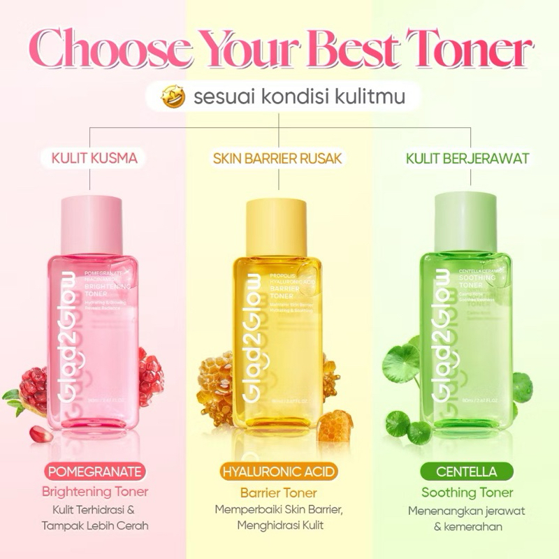 Toner G2G Glad2Glow Toner Pomegranate Brightening Mencerahkan Toner Centella Toner Acne Anti Acne To