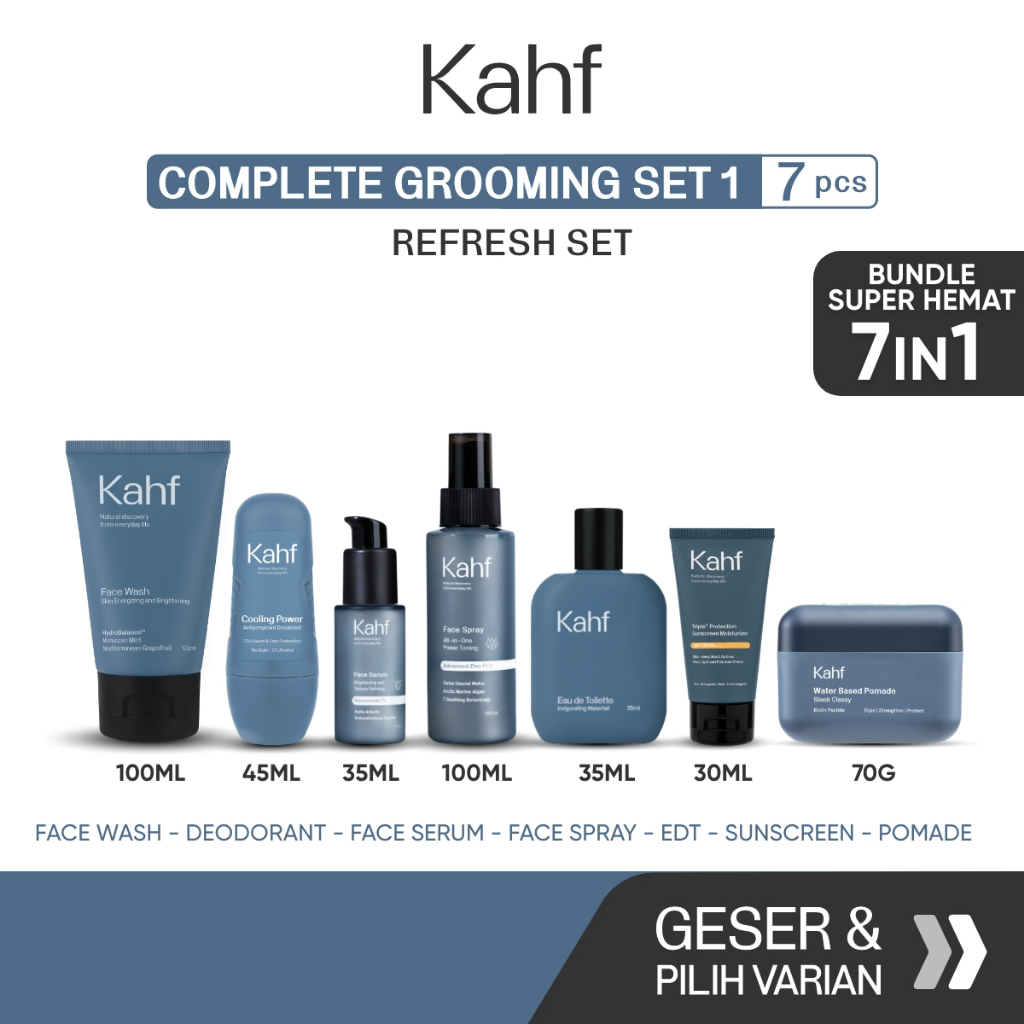 Kahf Paket Complete Grooming Set 1 (Face Wash + Toner + Serum + Sunscreen Moisturizer + Deodorant + 