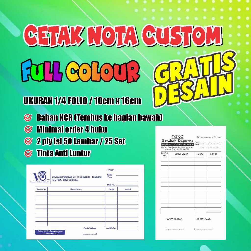 

Cetak Nota Custom Full Colour 2 Ply Ukuran 1/4, Cetak Nota Nama Toko Sendiri