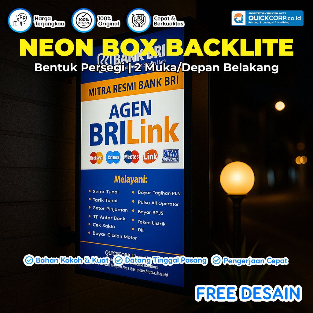 

Neon Box Bahan Backlite, 2 Muka, Bentuk Persegi, Gratis Desain