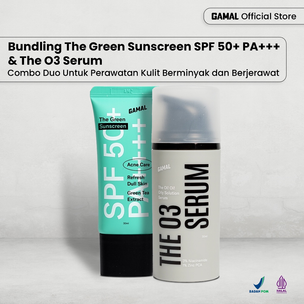 GAMAL | Bundling The Green Sunscreen 30ml SPF 50+ PA+++ & The O3 Serum 30ml | Combo Duo Untuk Perawa
