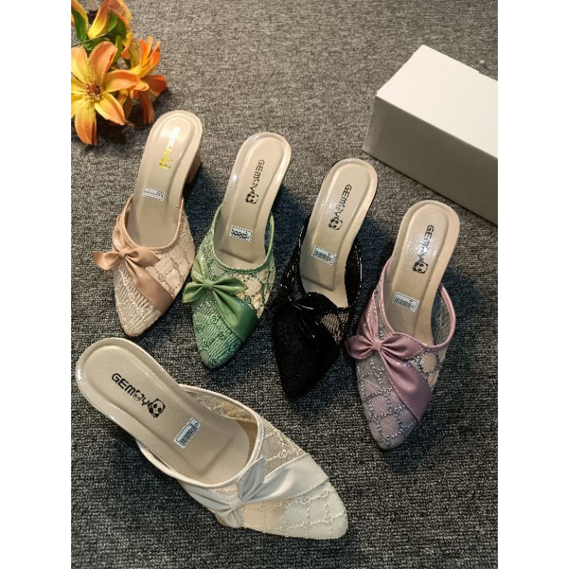 sandal heels wanita motif brukat hak 5cm kekinian