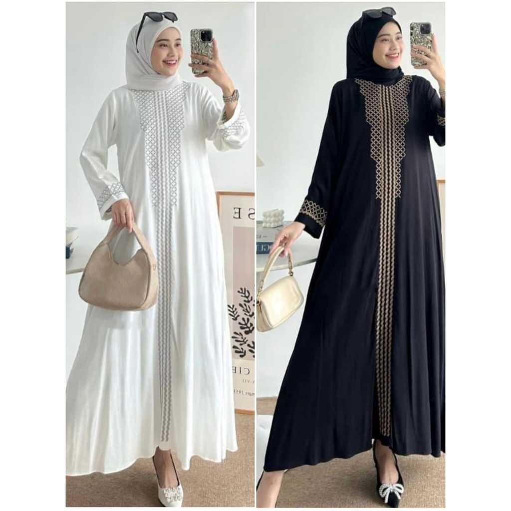 Gamis Abaya Ceruty Babydoll Bordir Terbaru 2025 Abaya Muslim Elegan Warna Hitam & Putih