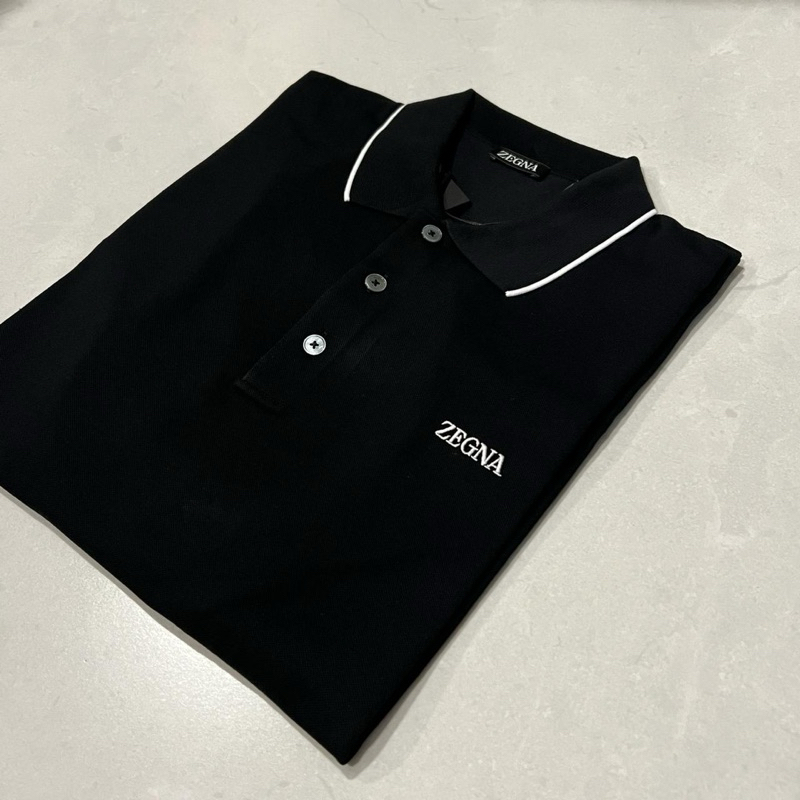 ZEGNA LOGO PATXH PIQUE WITH TIPPING POLO SHIRT BLACK