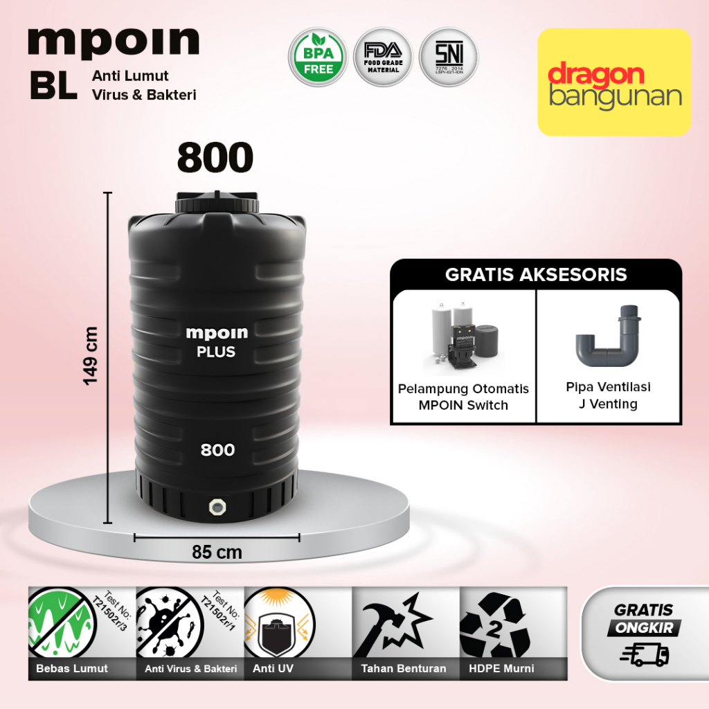 Toren / Tandon / Tangki Air Mpoin Plus 800/ Mpoin Wave 800 Hitam