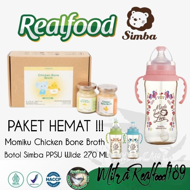 

Realfood Momiku Chicken Bone Broth 6 Jar ( Mpasi Kaldu Ayam ) With Botol Susu Simba PPSU 270 ML