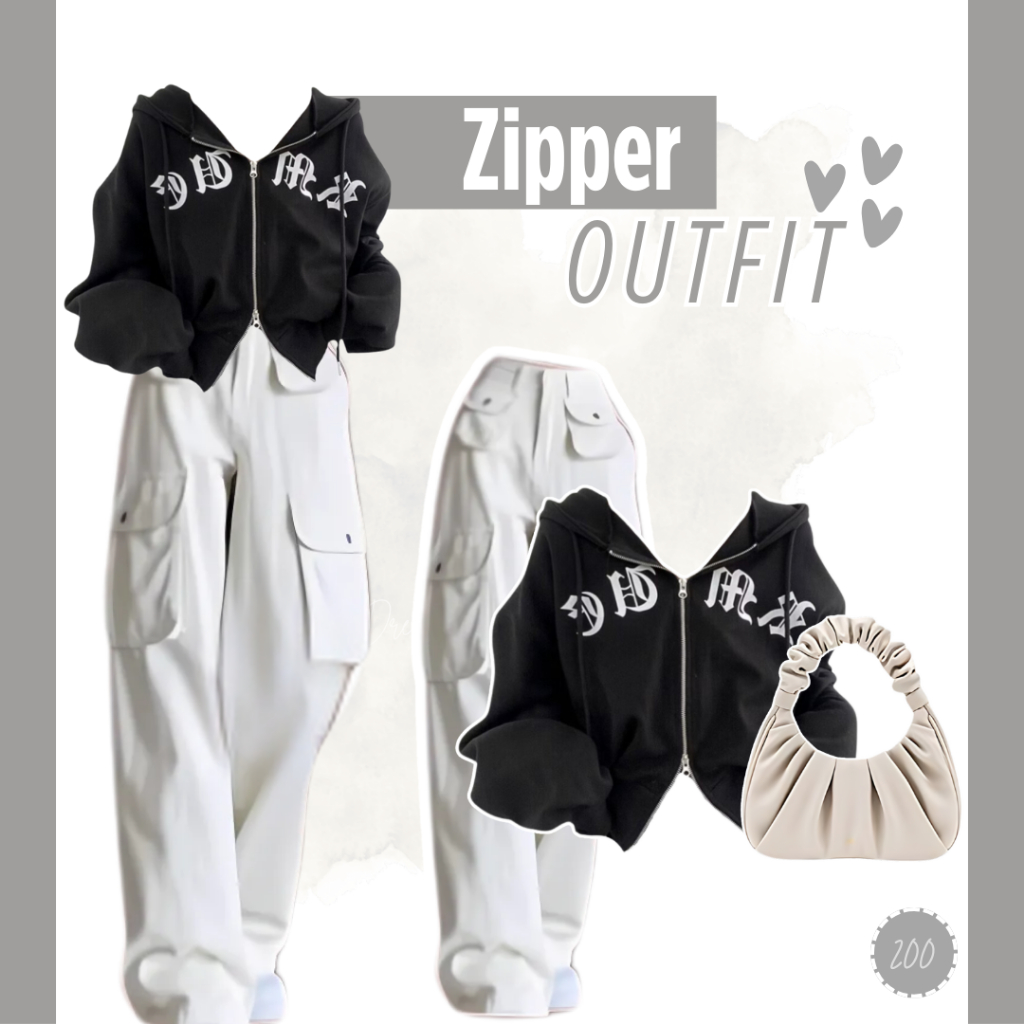 OneSet Wanita Terbaru (Hoodie Zipper Shoulder Bag Celana Cargo) Kekinian Korean Style | DSD200