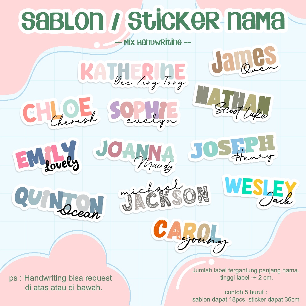 

Mix Handwriting Label Nama Custom – Sticker Vinyl Waterproof / Sablon Baju | Custom Nama Anak | Handwriting Design