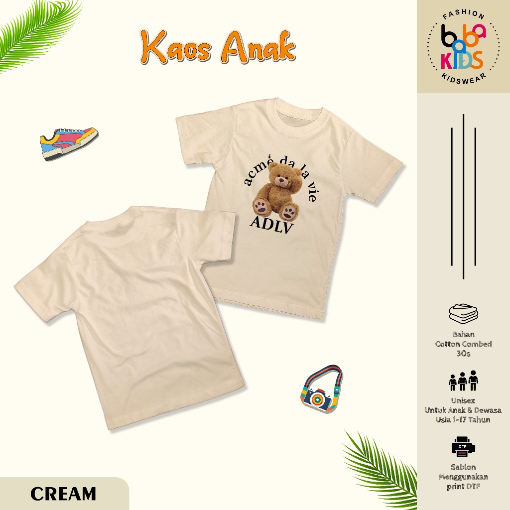 Kaos Anak & Remaja Laki-Laki 1-17 Tahun ADLV BEAR Cotton Combad 30s Baju Kaos Anak Cowok Cewek
