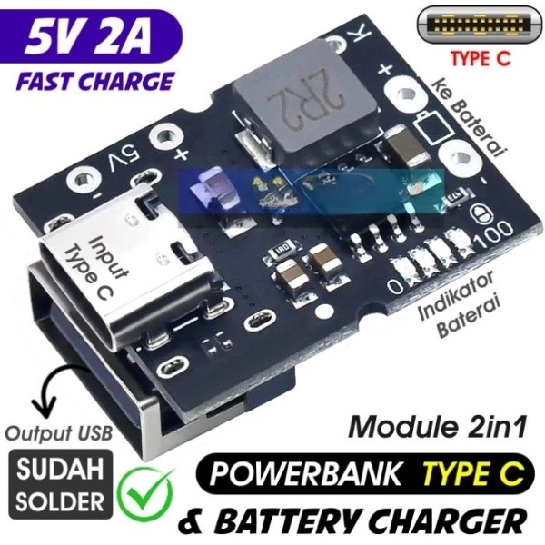 Modul Power Bank USB Type-C Fast Charger Step Up Baterai 18650 Lithium 5V 2A